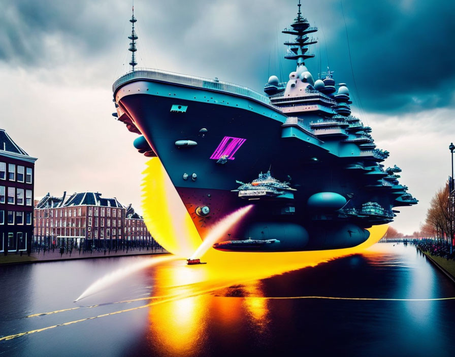 Surreal oversized battleship floating above urban road and fiery sky