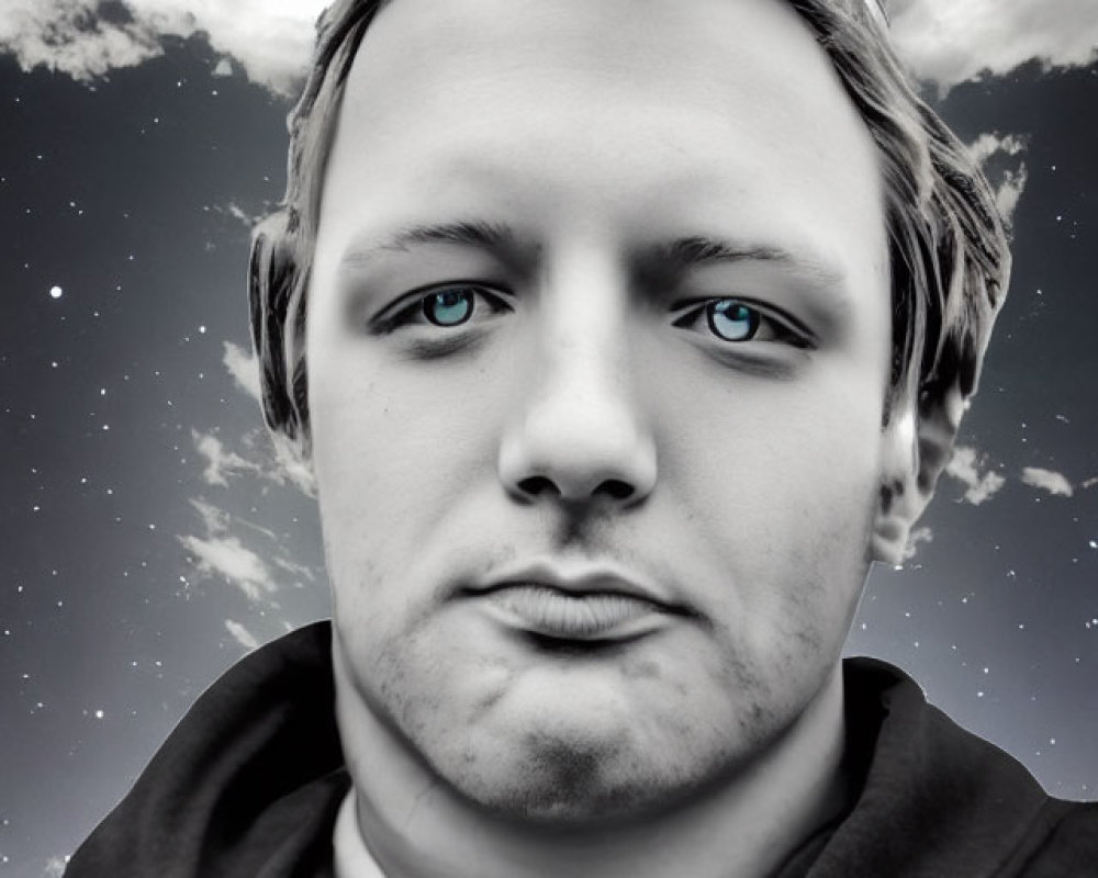 Monochrome portrait of a young man with blue eyes in hoodie against starry sky