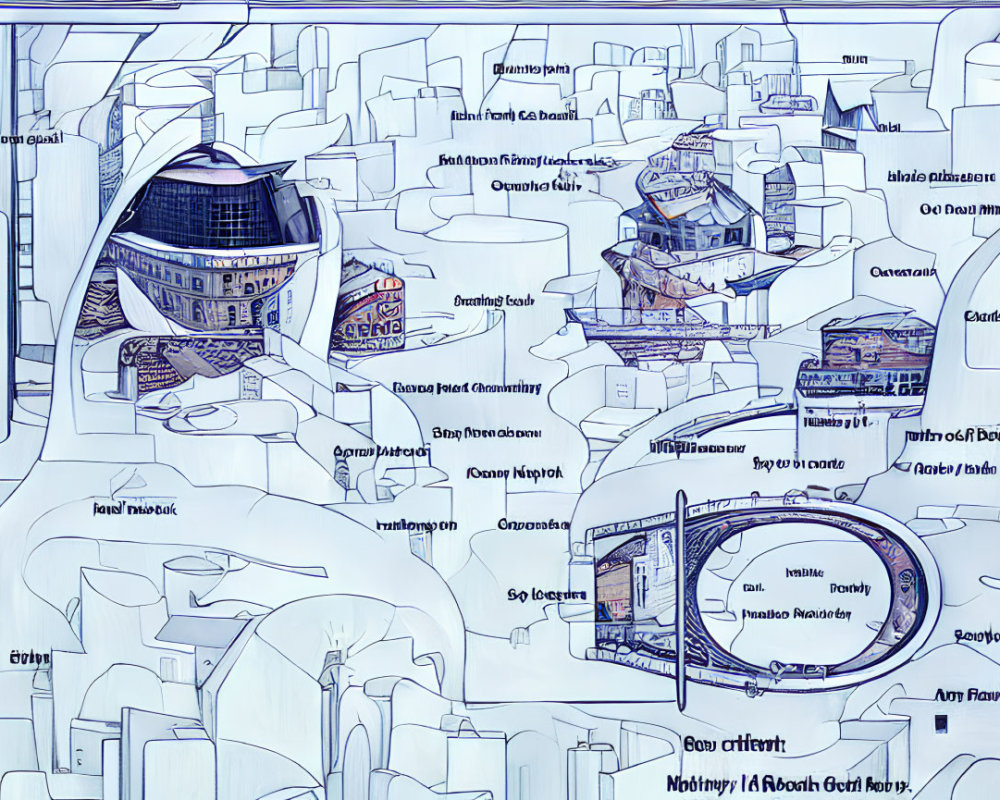 Cityscape Blueprint Drawing in Blue and White Color Scheme