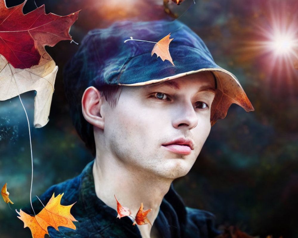 Man in Cap with Autumn Leaves and Sunlight Background