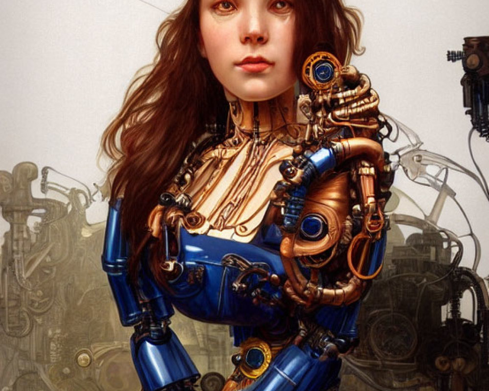 Detailed Female Cyborg Illustration with Mechanical Body and Human Face Schematic