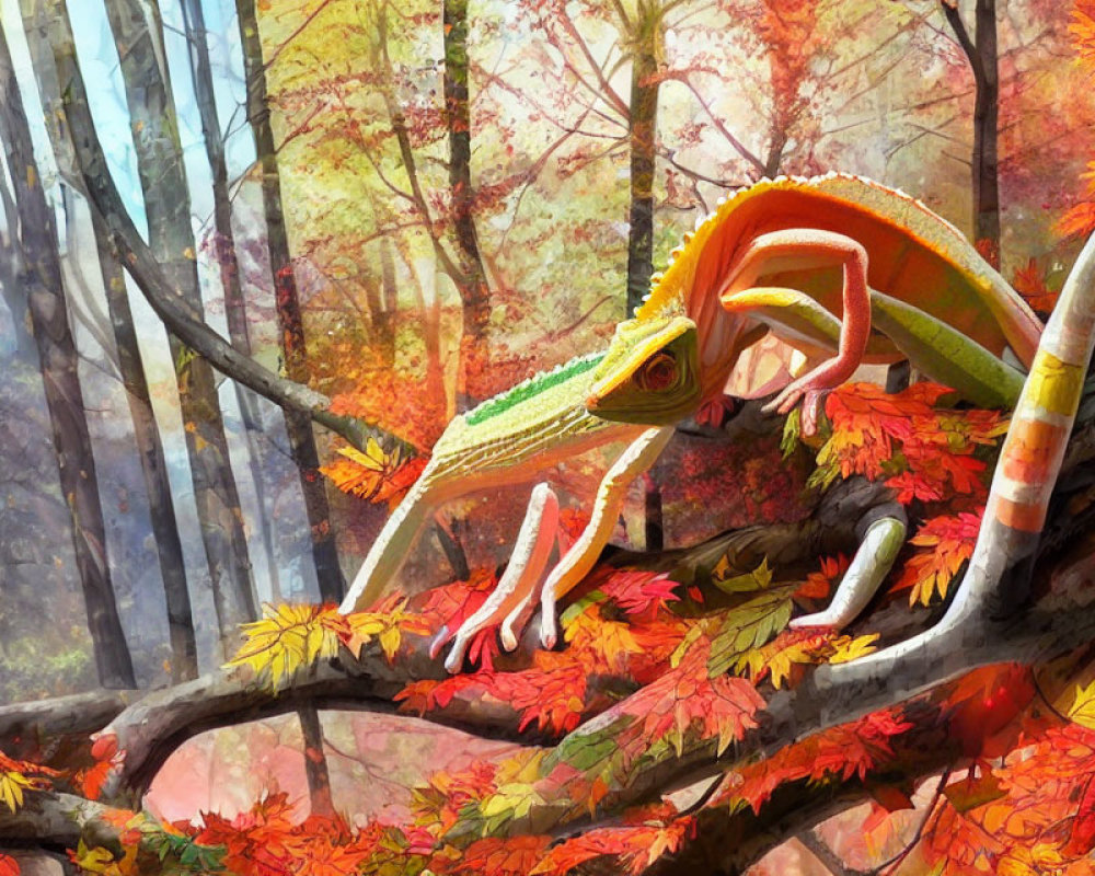 Colorful Chameleon on Branch in Autumn Forest