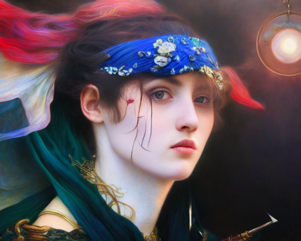 Ethereal portrait of a woman with blue eyes, red and blue hair, and pendant lamp.