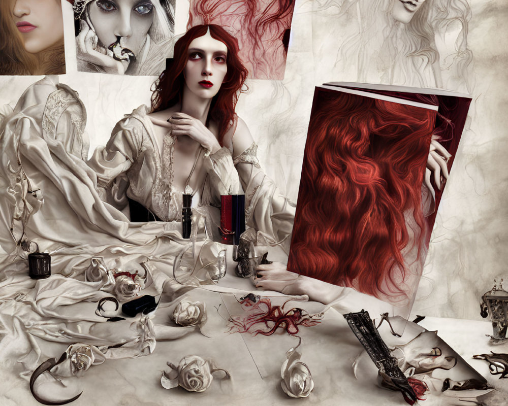 Surreal illustration of woman with red hair and pale skin surrounded by roses, keys, and ornaments