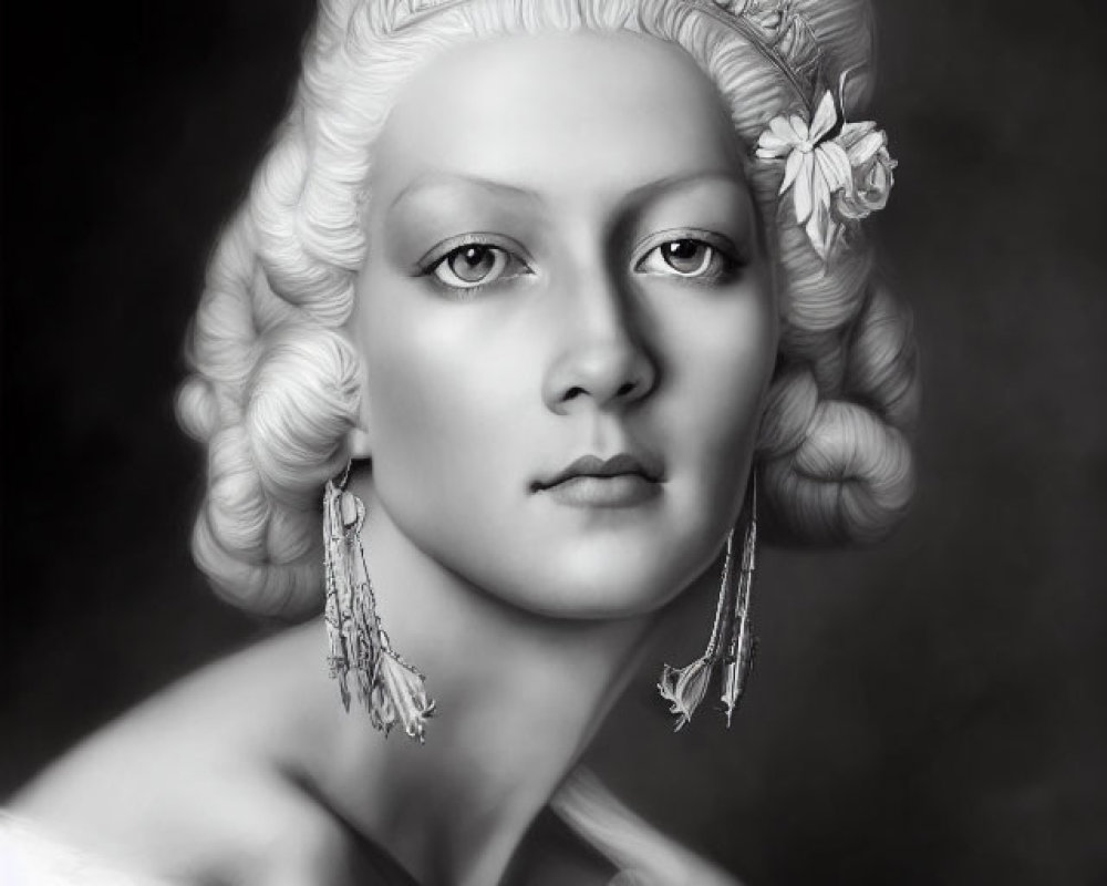 Monochromatic portrait of a person with baroque-inspired hair and attire