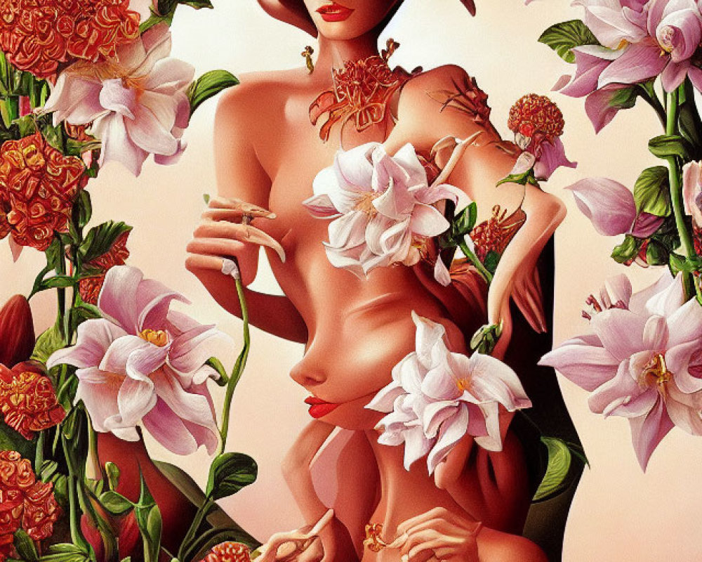 Stylized woman with wide-brimmed hat among orchids and gold jewelry