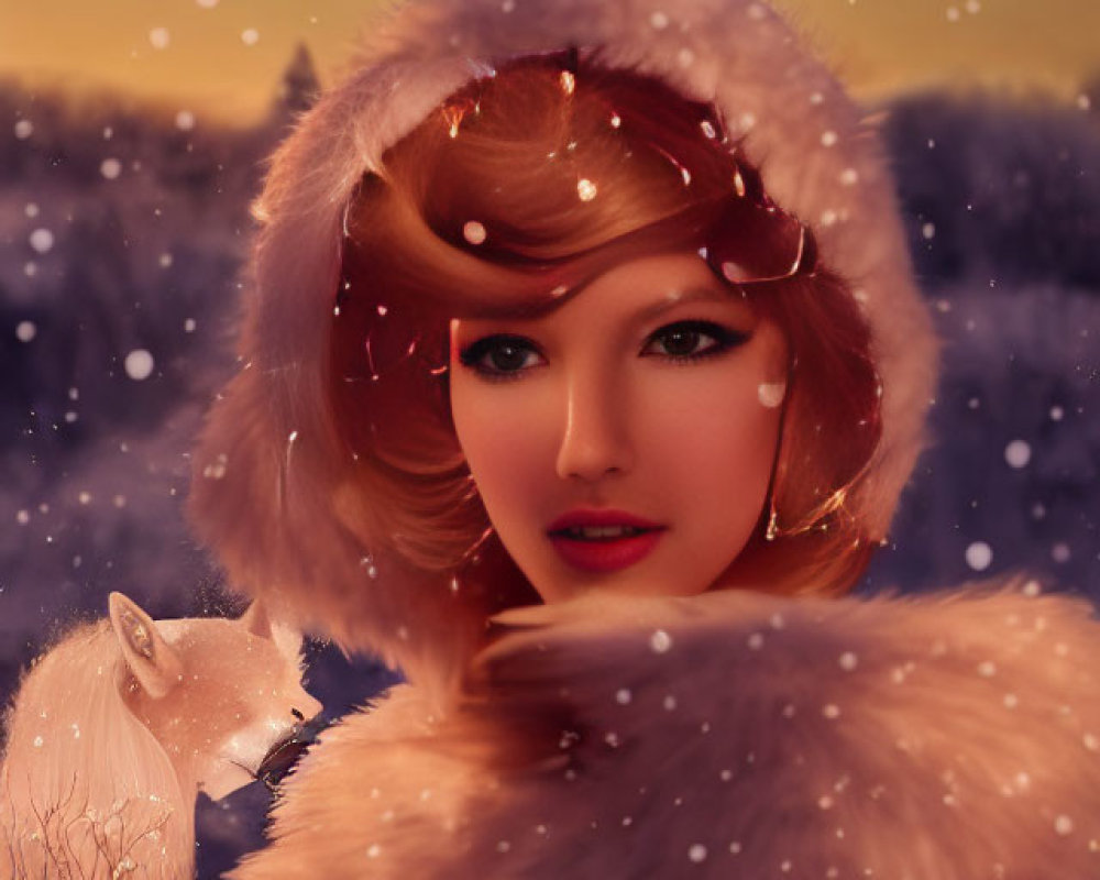 Stylized portrait of woman with crown and fur cloak in winter setting