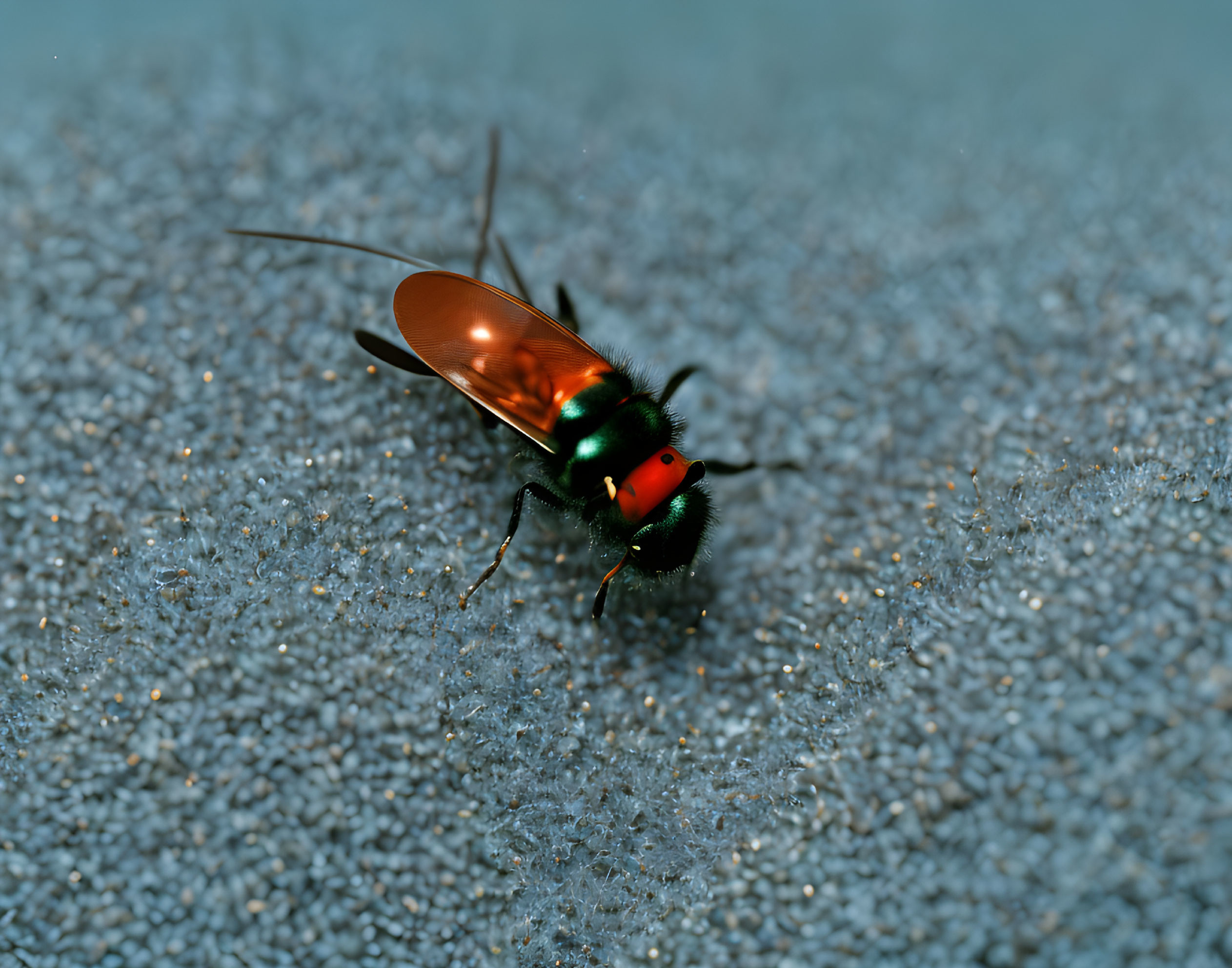 Vibrant green and orange fly on textured blue surface