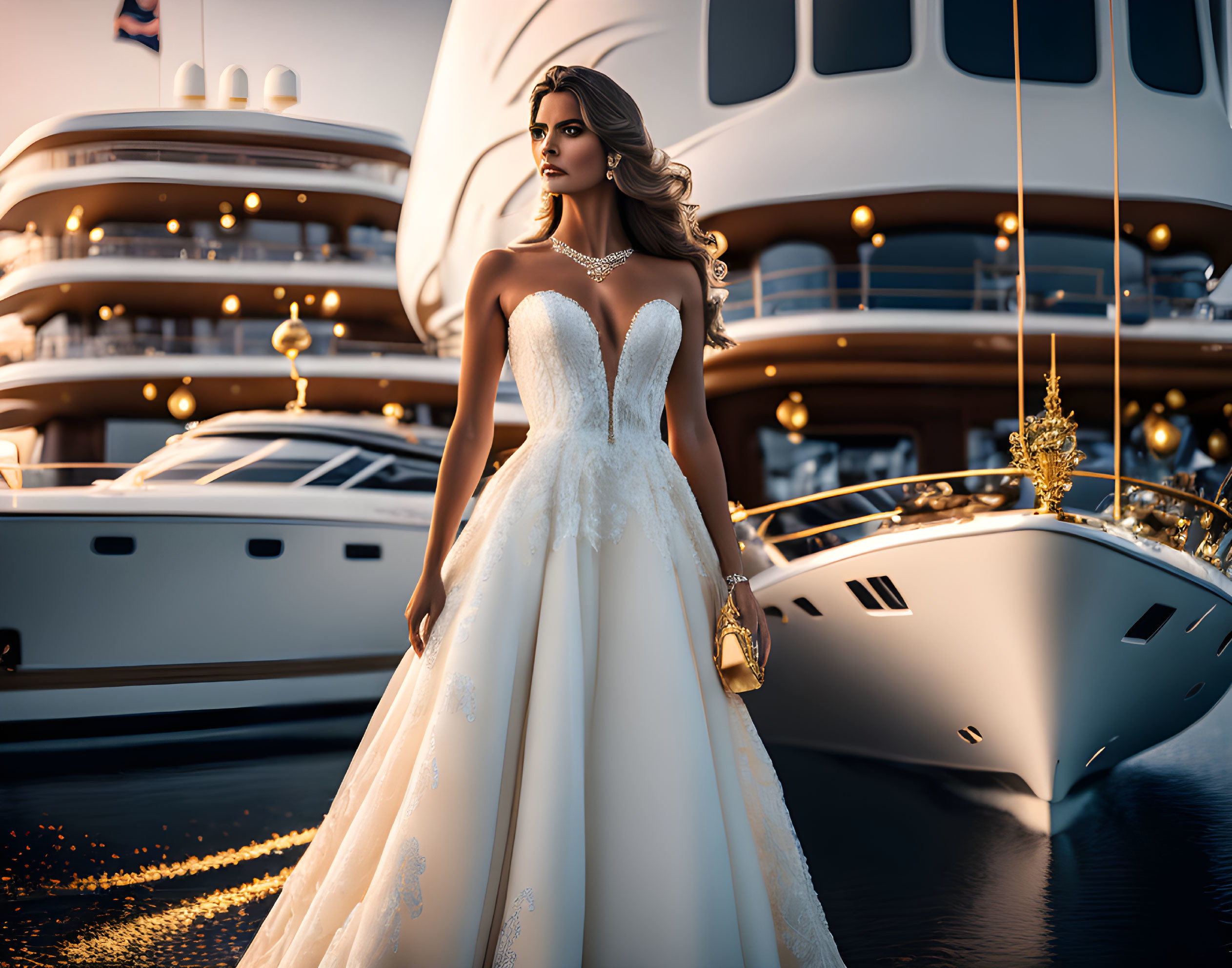 Elegant woman in bridal gown on yacht-lined pier at sunset