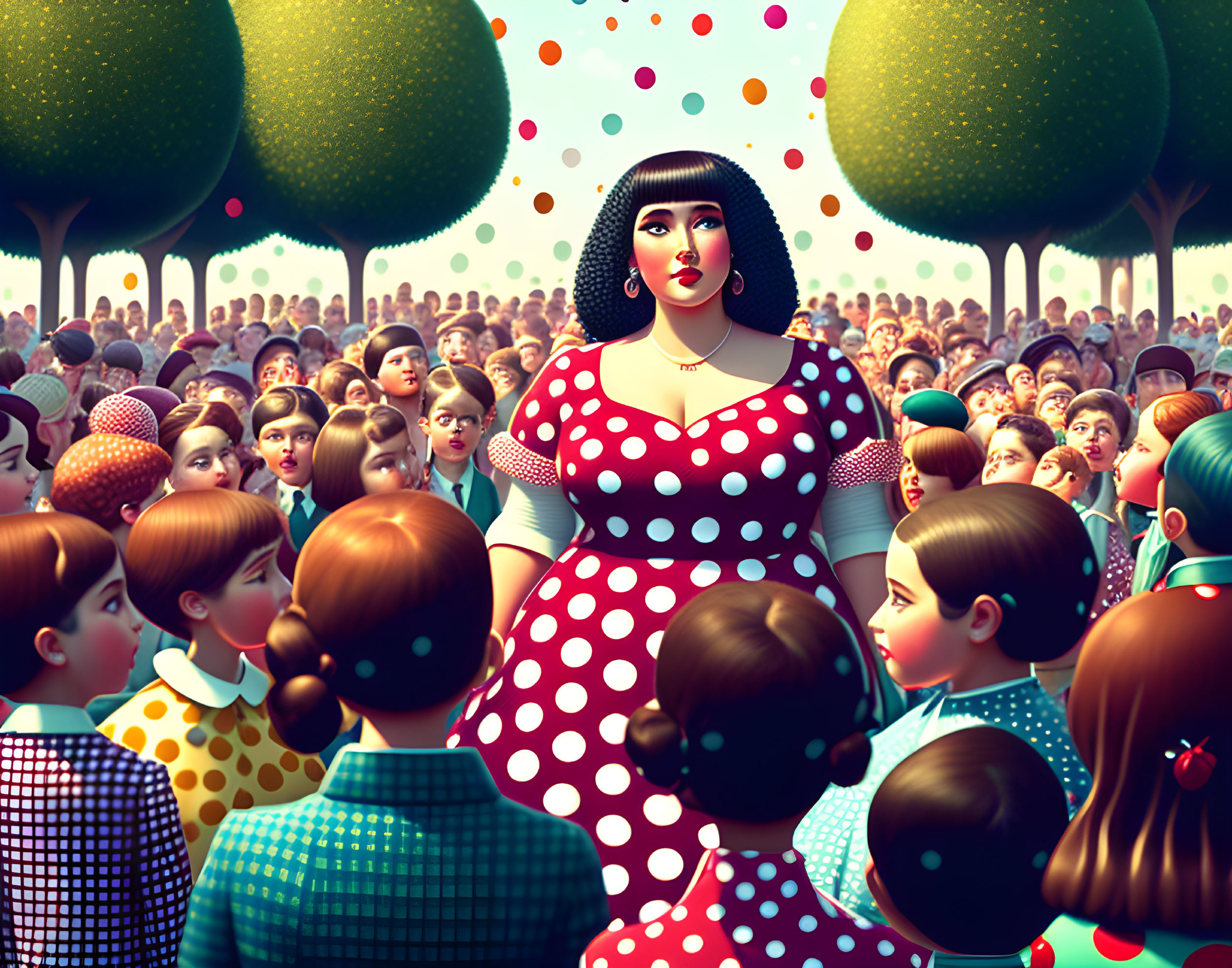 Vibrant illustration: Confident large woman in red polka dot dress among smaller figures in outdoor