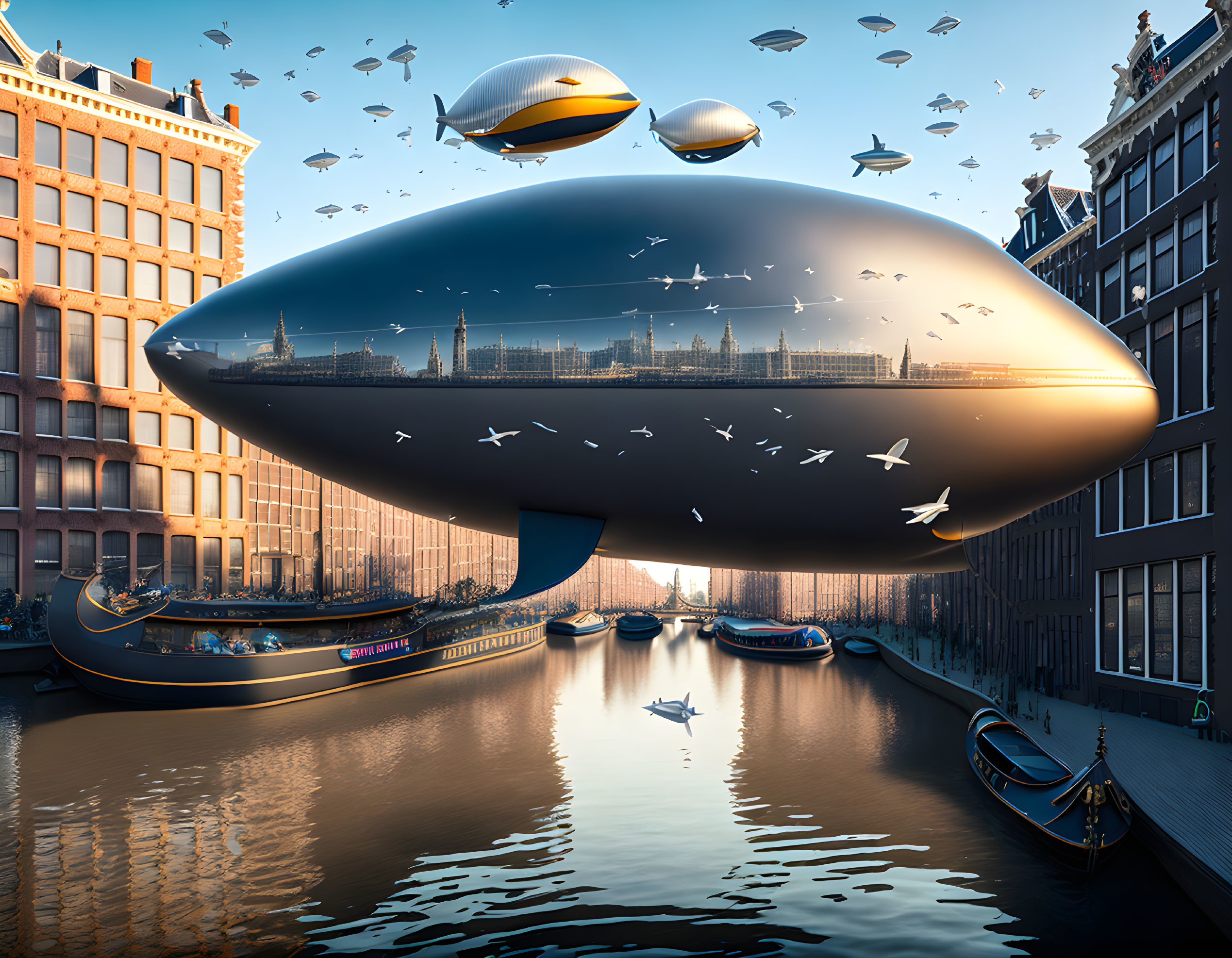 Futuristic airship over canal with flying cars and birds