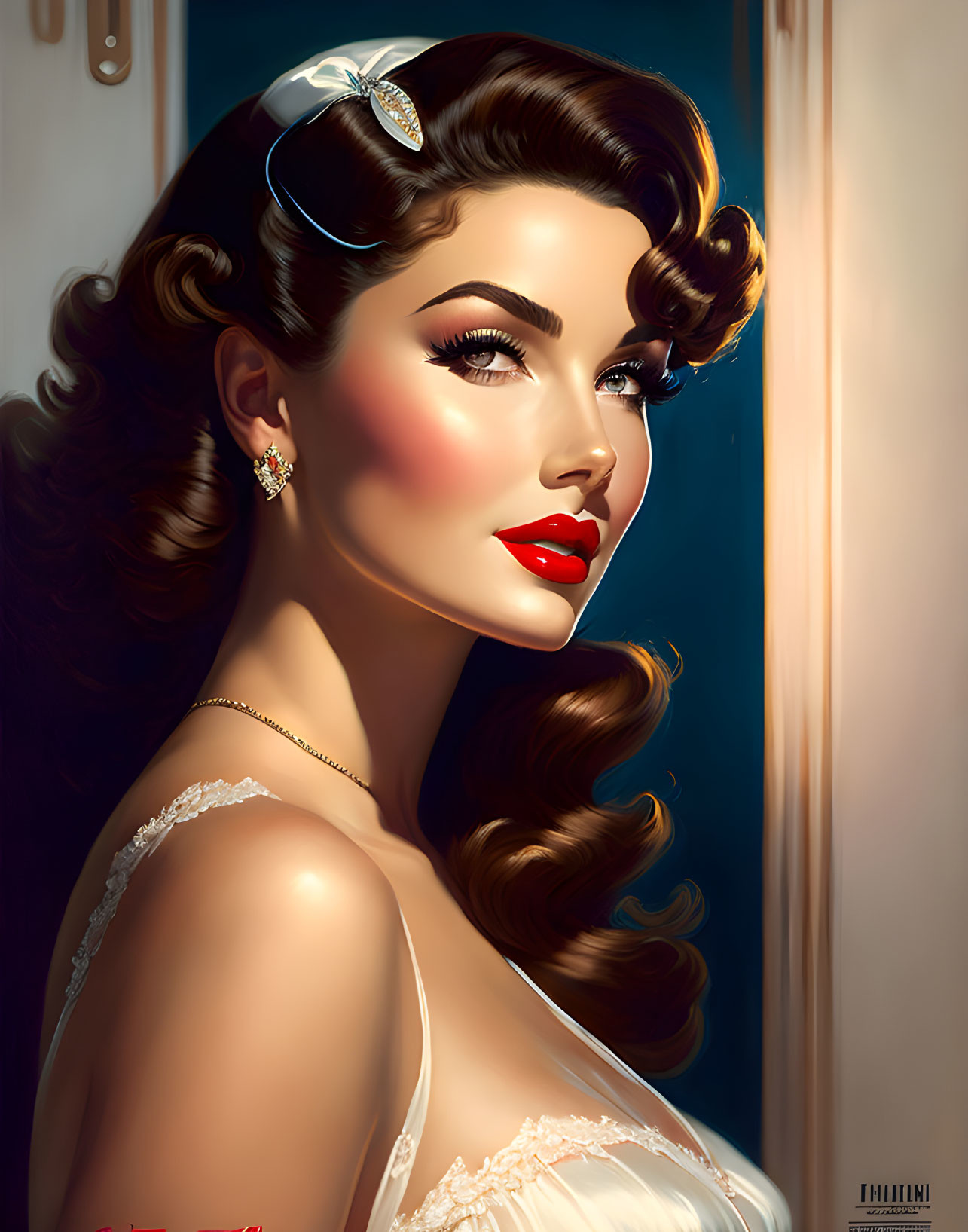 Vintage Glamour Style Woman Portrait with Red Lipstick & Pearl Earrings