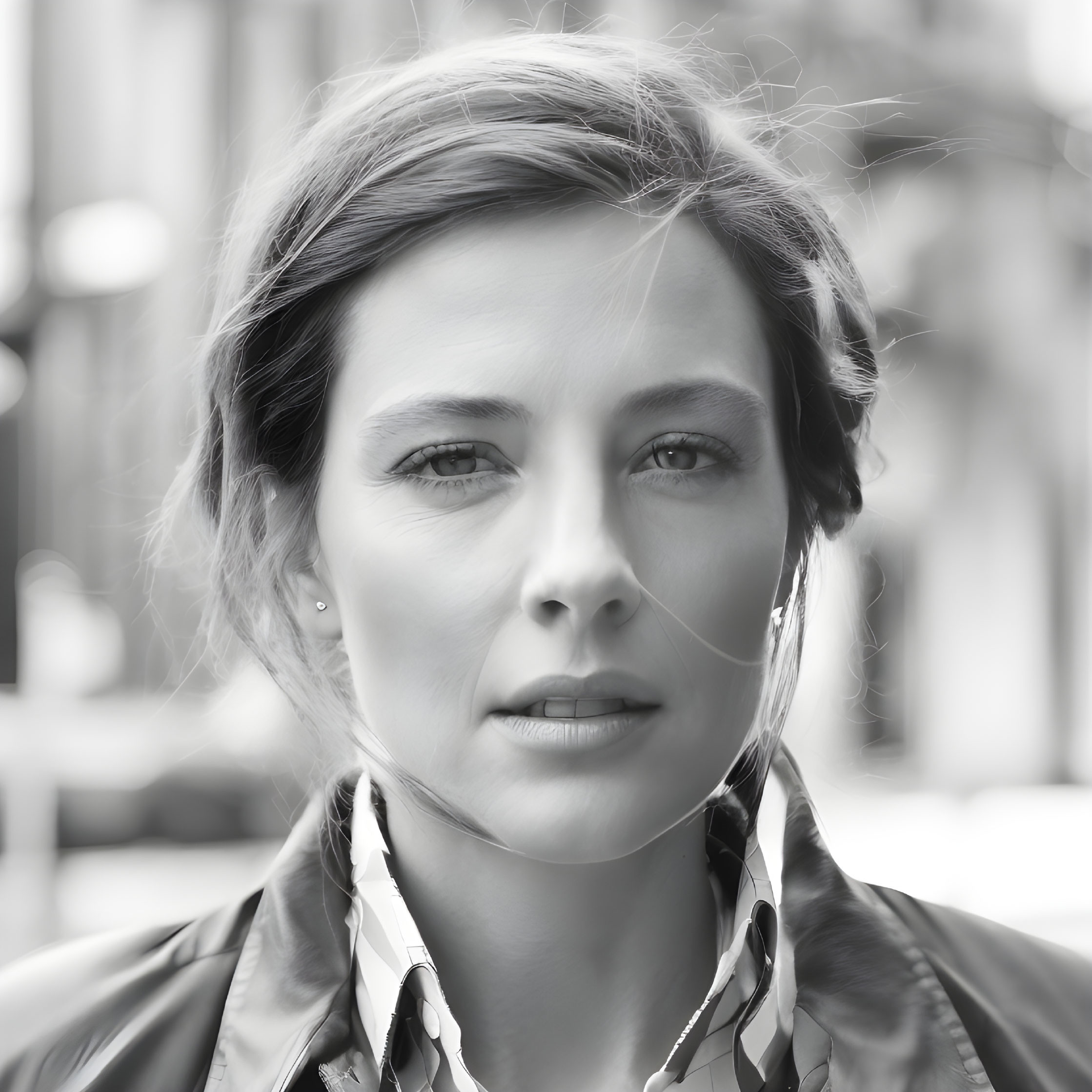 Monochrome close-up portrait of woman with windswept hair