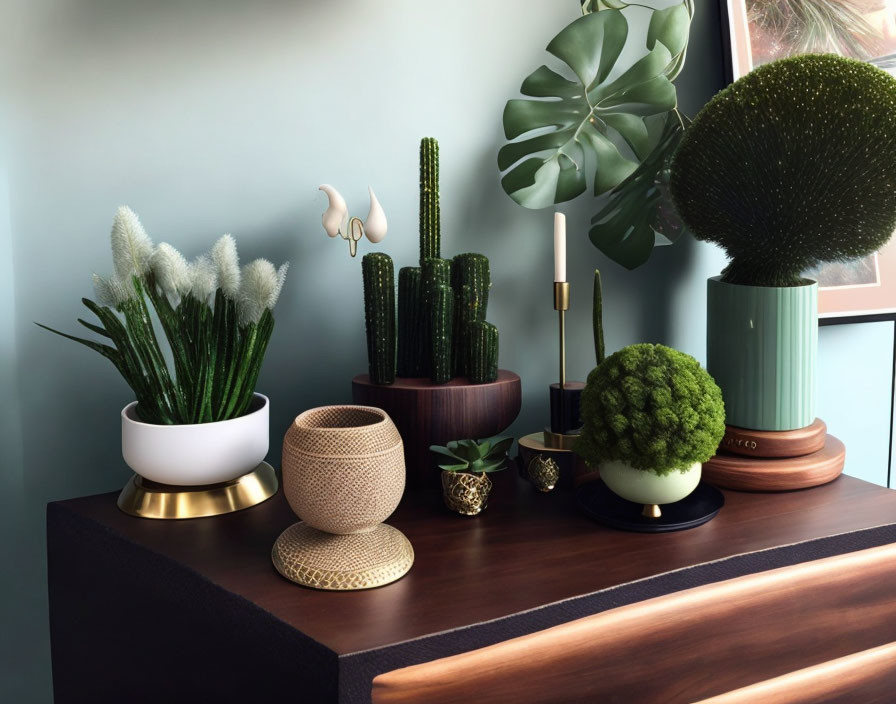 Assorted Indoor Plants on Wooden Sideboard with Decorative Objects