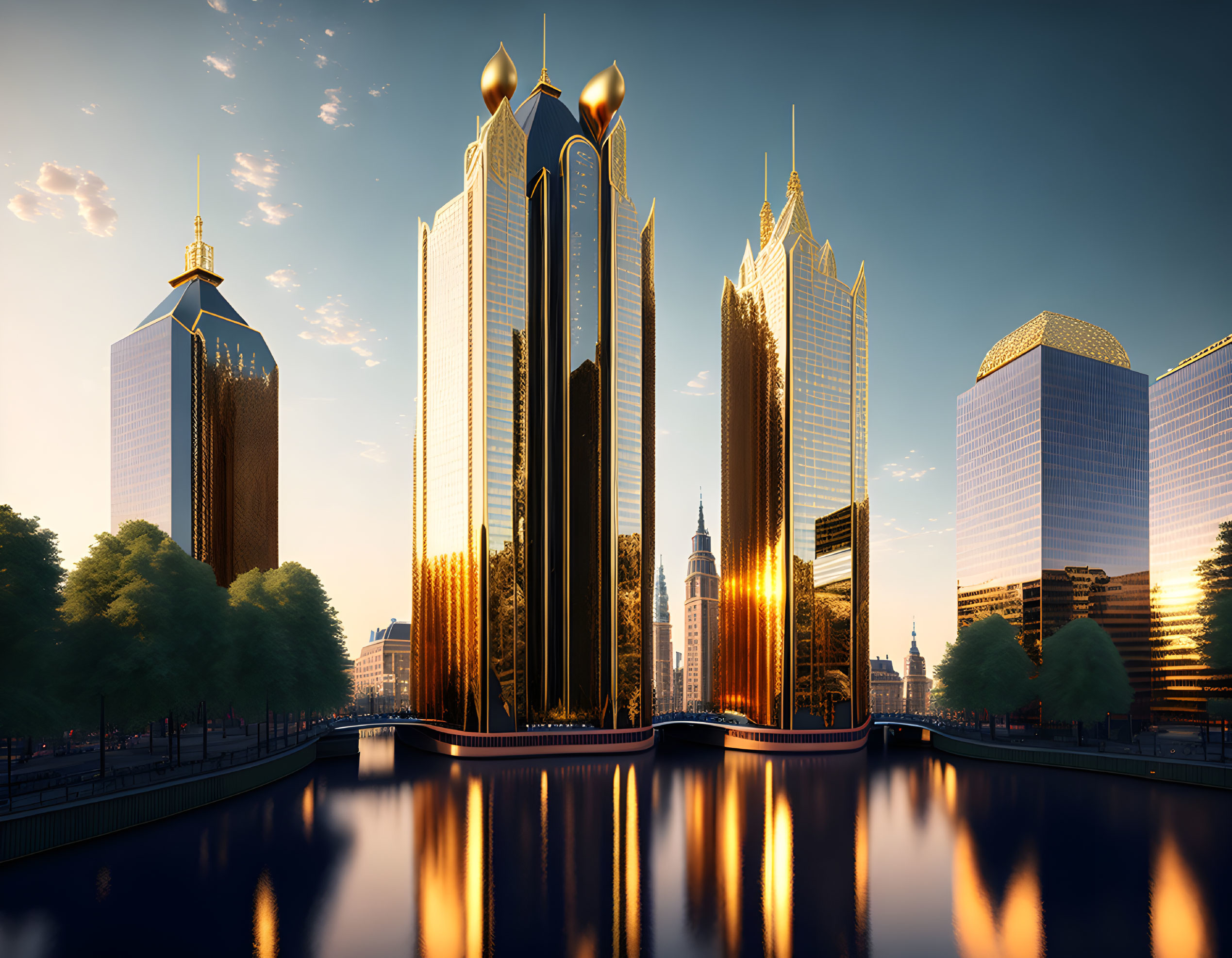 Modern cityscape at sunset with skyscrapers reflecting in river