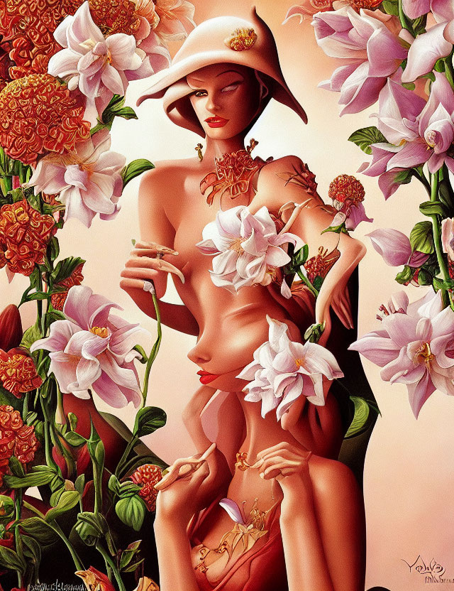Stylized woman with wide-brimmed hat among orchids and gold jewelry