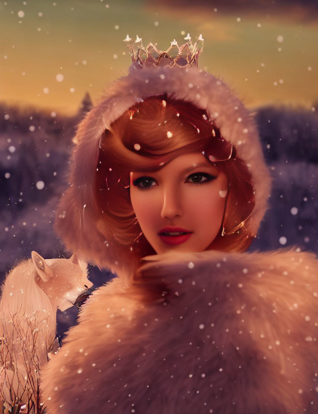 Stylized portrait of woman with crown and fur cloak in winter setting