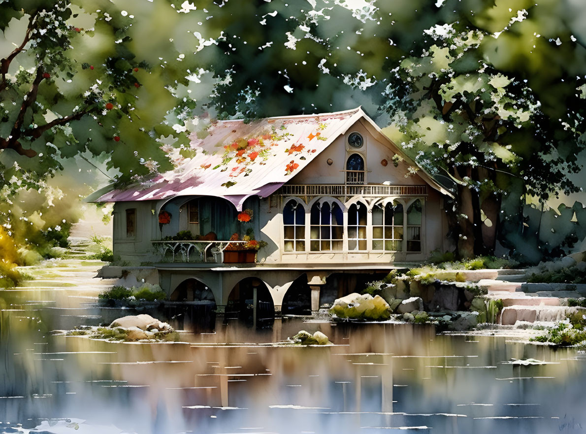 Idyllic cottage with flowering roof near serene pond surrounded by lush trees