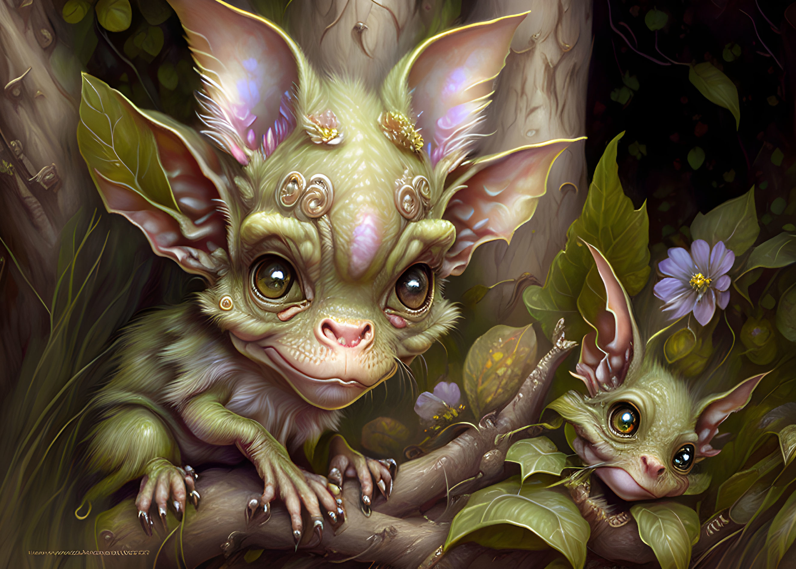 Whimsical creatures with large ears on tree branch among foliage