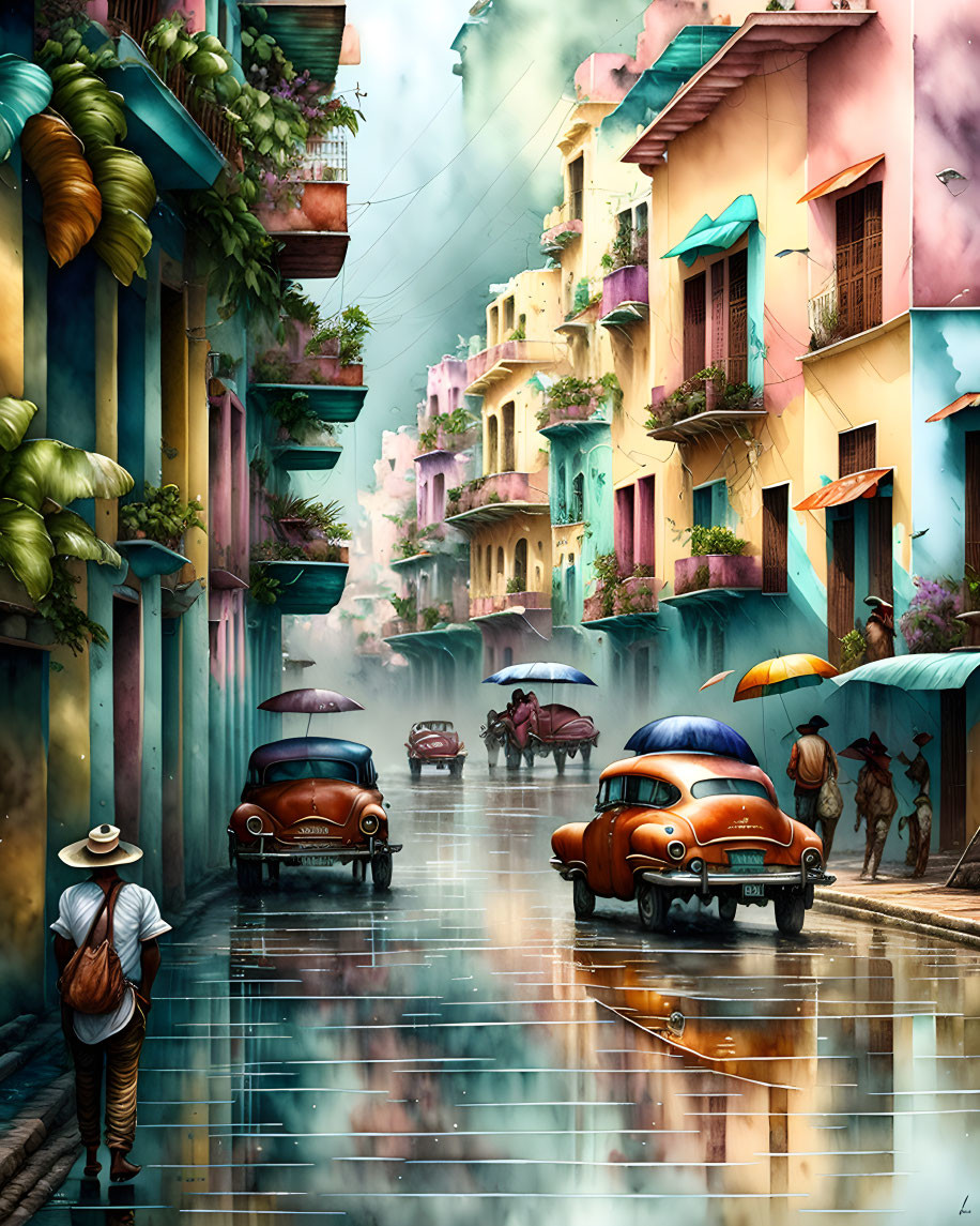 Vintage cars and people with umbrellas on colorful wet street