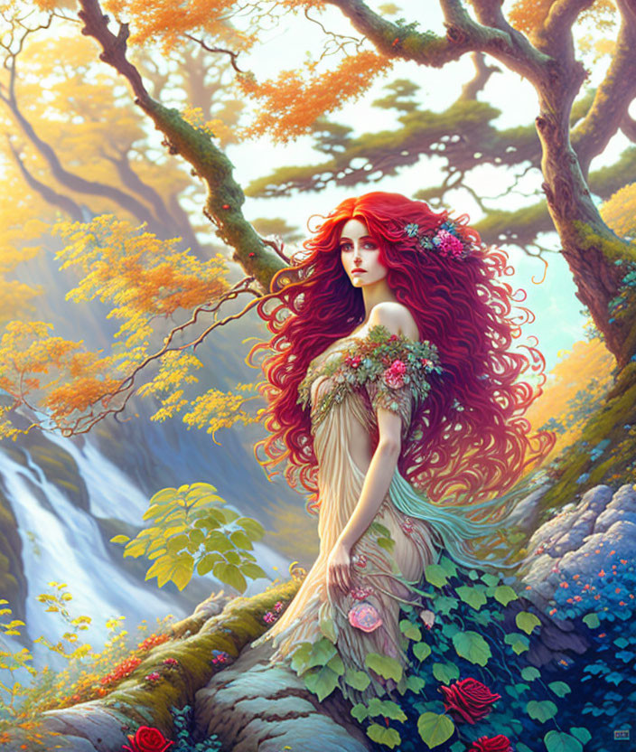 Fantasy illustration of woman with red hair in flower dress in vibrant forest