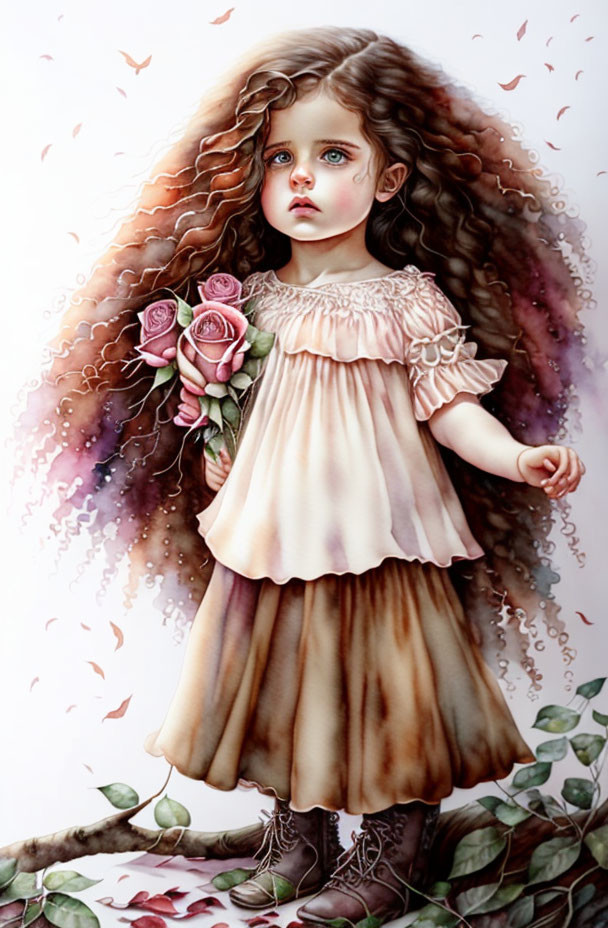 Portrait of young girl with curly brown hair, sad blue eyes, holding pink roses, frilly dress