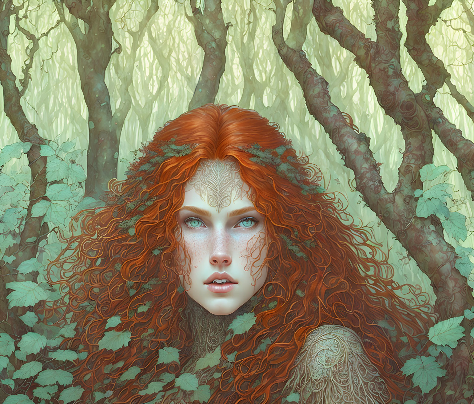 Vibrant Red-Haired Woman with Tattoos in Mystical Forest Setting