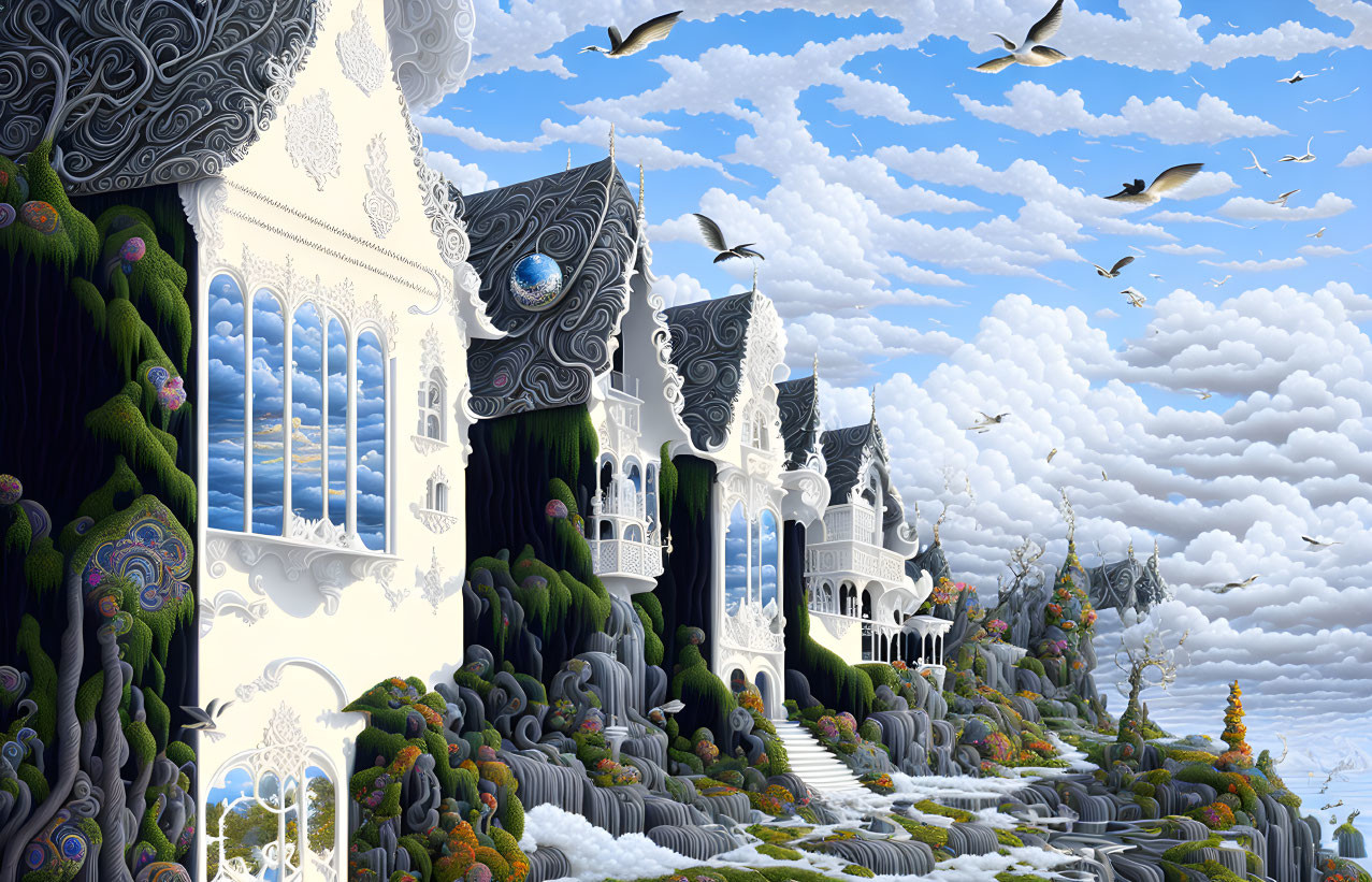 Fantasy Landscape with Peacock-Themed Architecture and Flying Birds