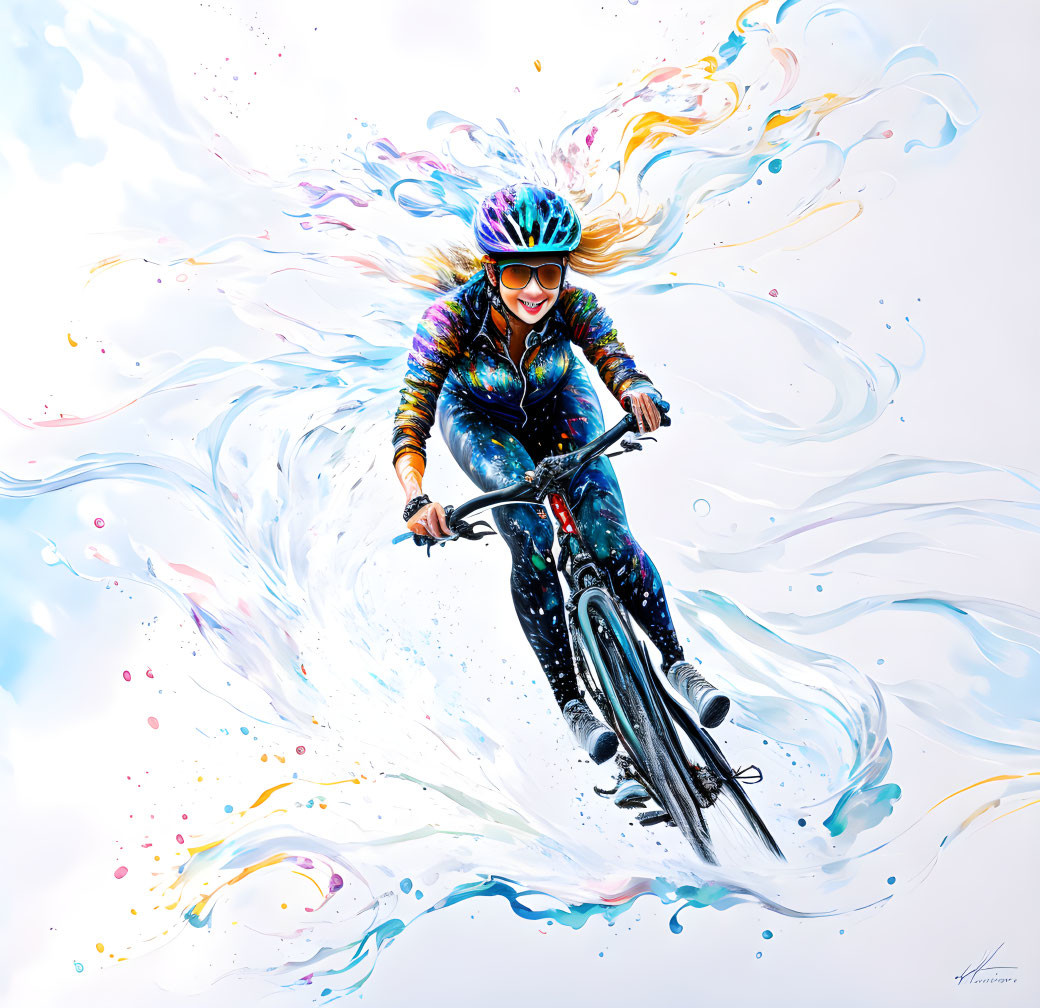 Colorful illustration: Joyful cyclist in motion surrounded by swirling paints