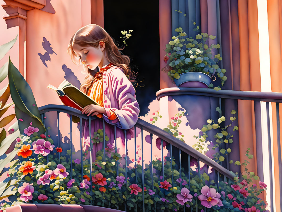 Young girl reading book on flower-adorned balcony in warm sunlight