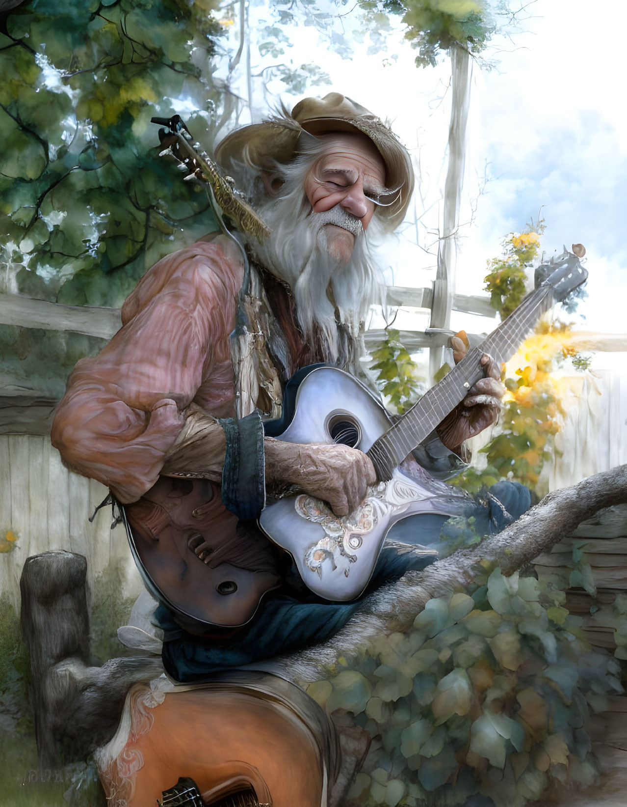 Elderly man with beard playing guitar outdoors surrounded by greenery