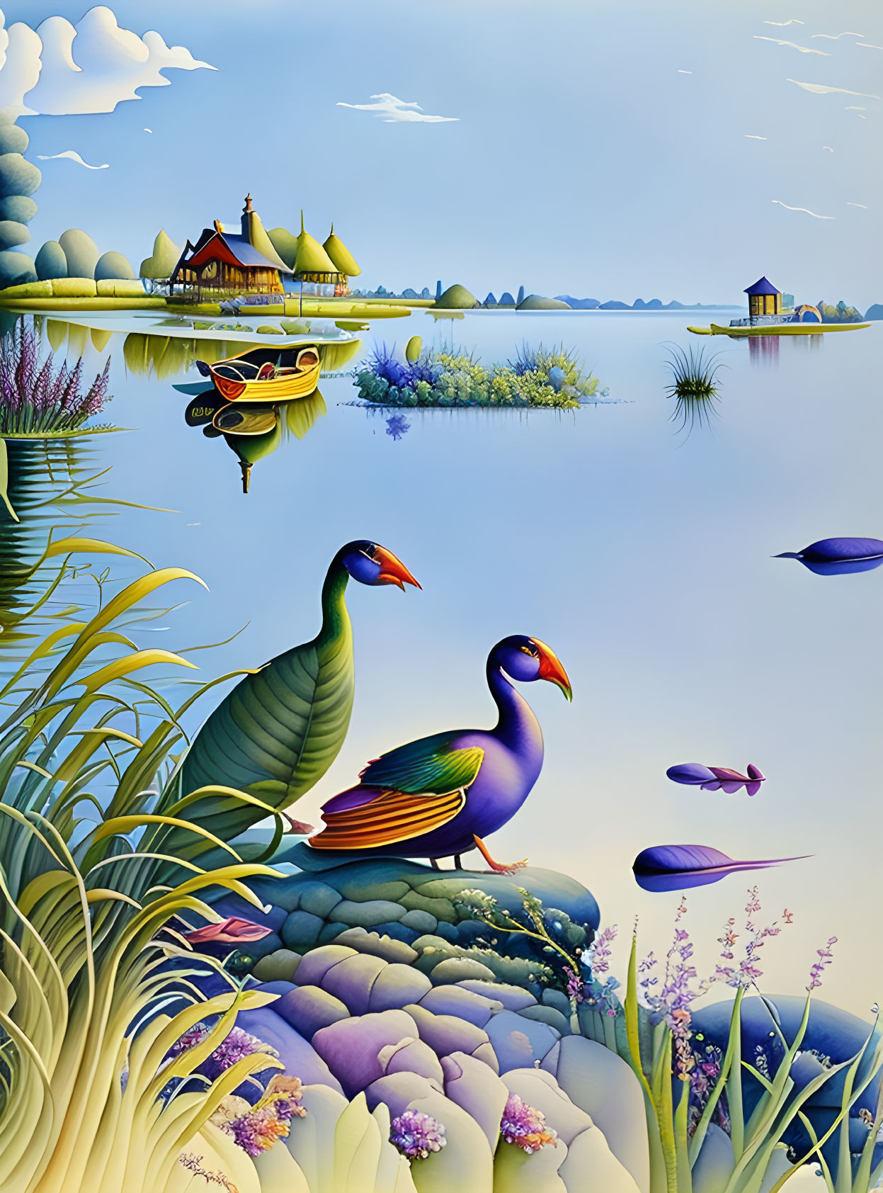 Colorful lakeside scene with ducks, fish, and traditional building.