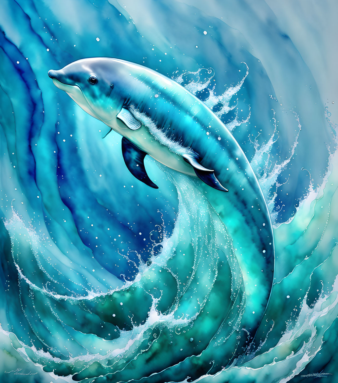 Colorful Dolphin Leaping from Sparkling Blue Wave