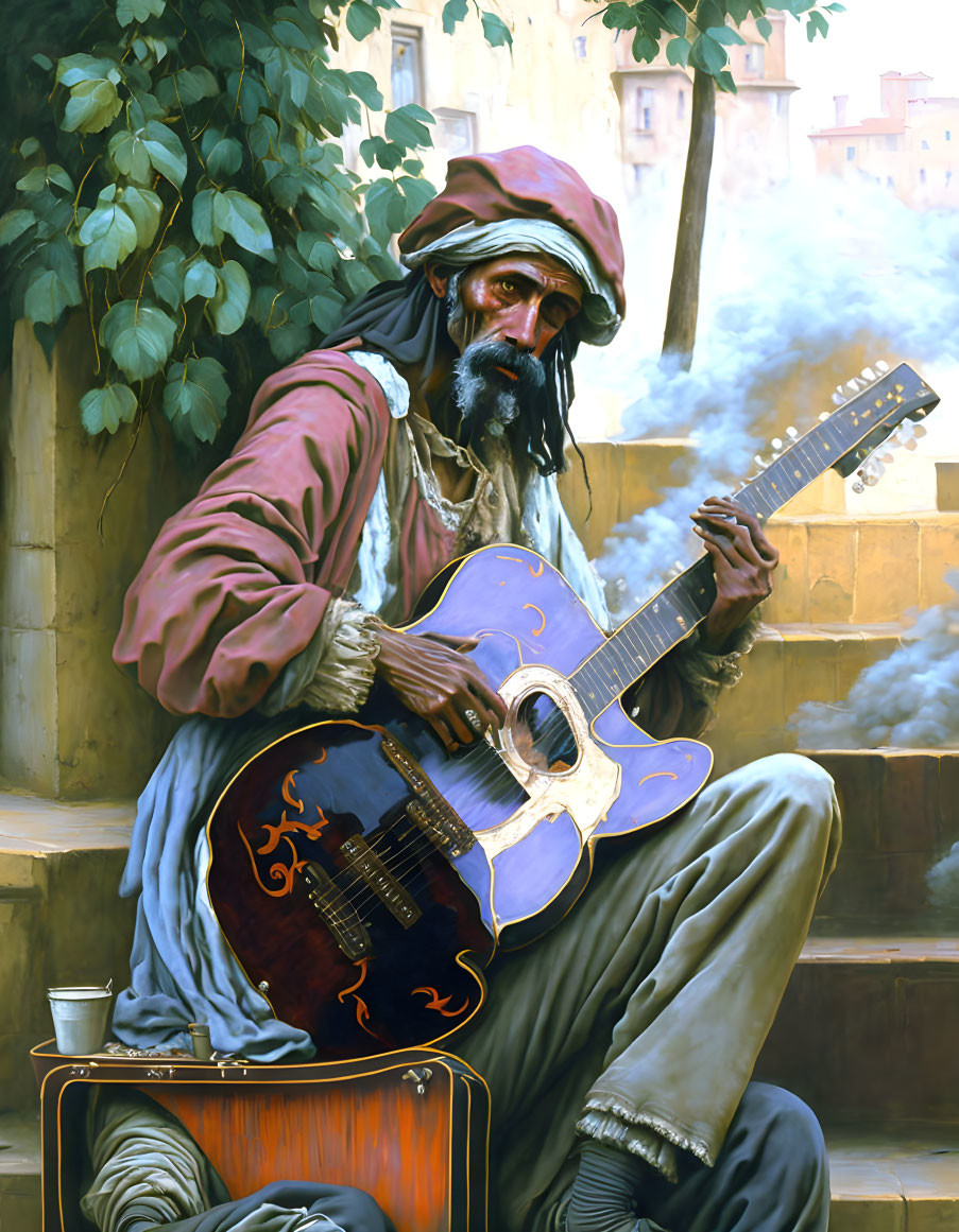 Bearded street musician in turban plays blue guitar against urban backdrop