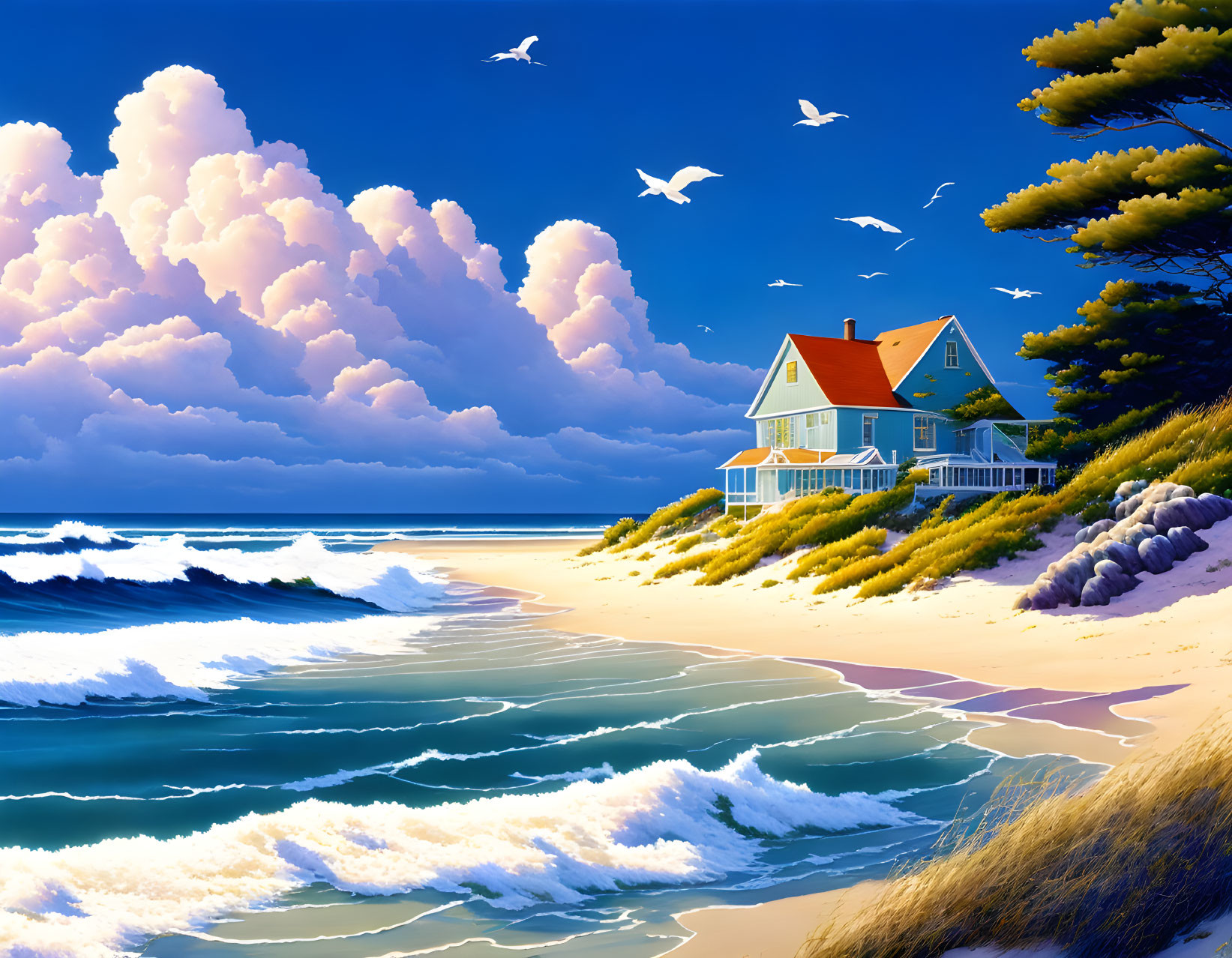 Tranquil beachside scene with cozy house, lush trees, and birds in clear blue sky