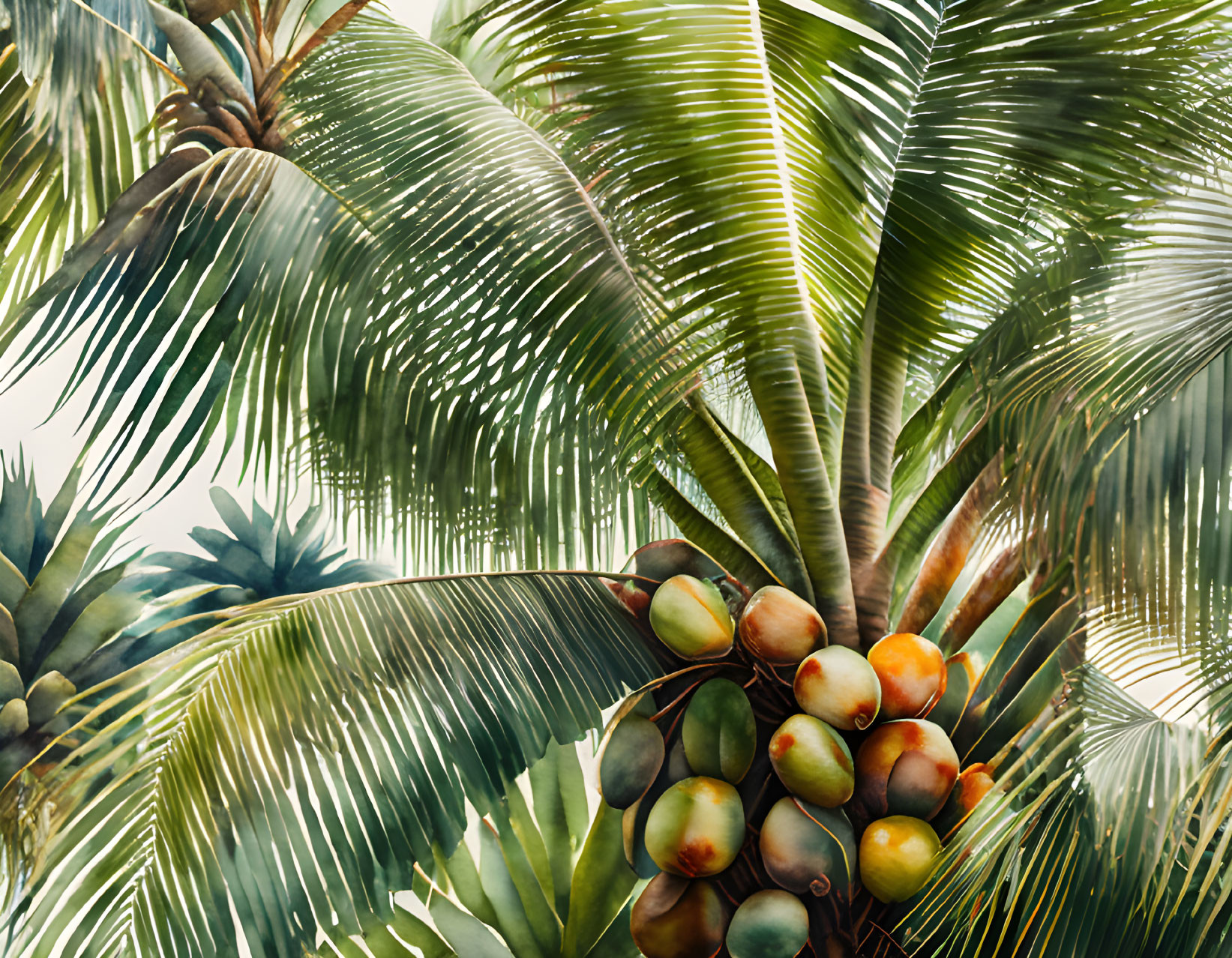 Tropical scene with green palm fronds and ripe coconuts