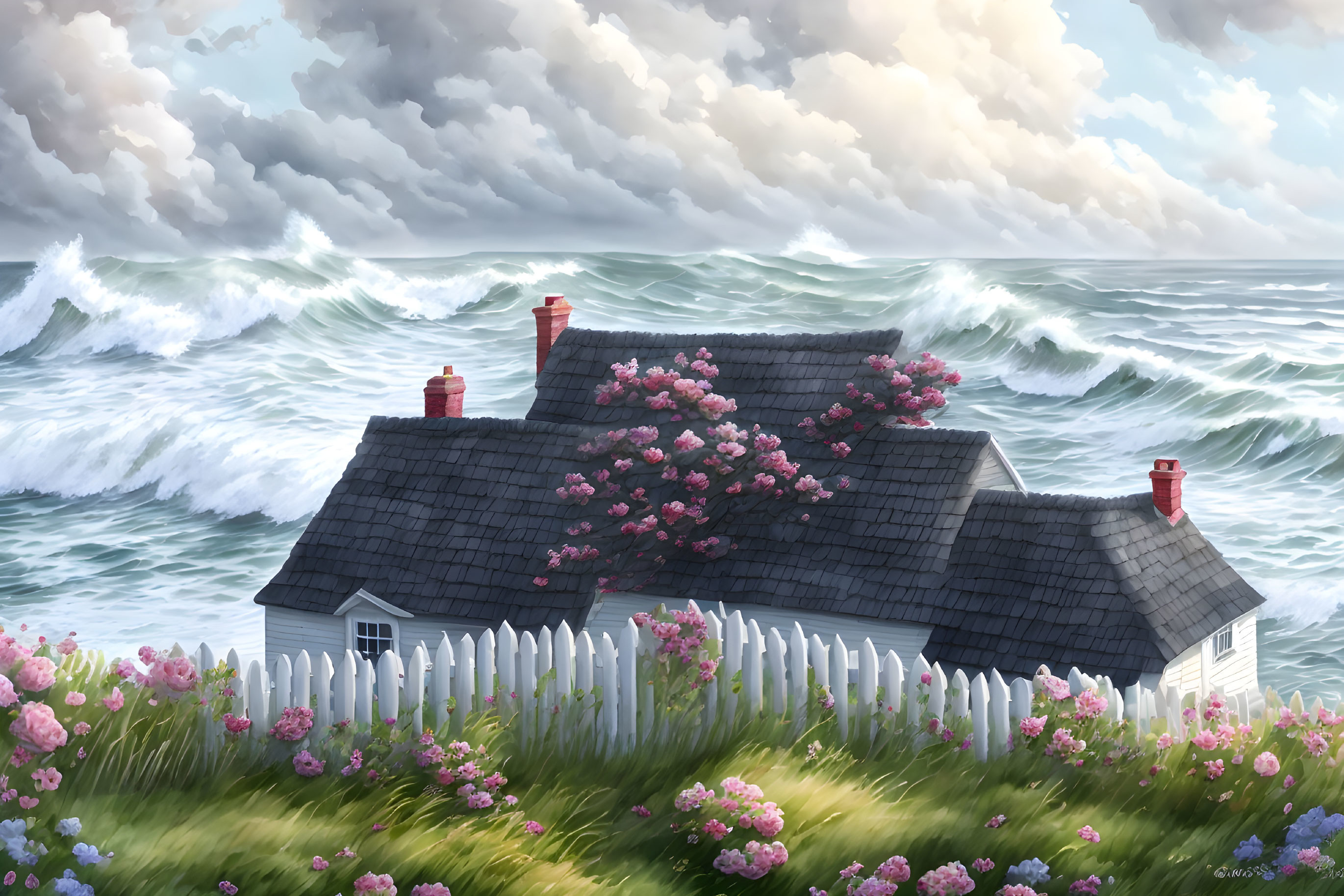 Idyllic cottage with pink tree and picket fence by turbulent sea