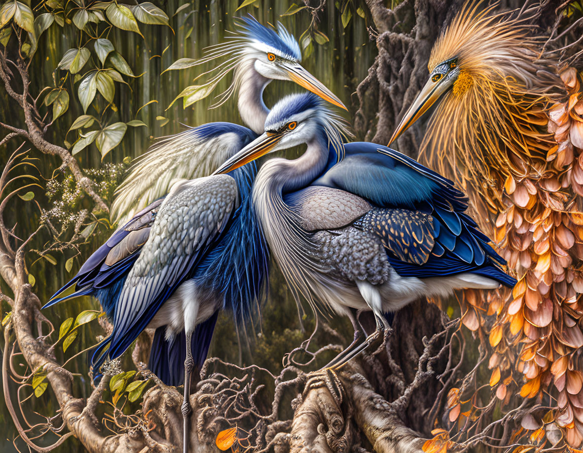 Vibrant Blue Herons Nestled Among Roots and Foliage