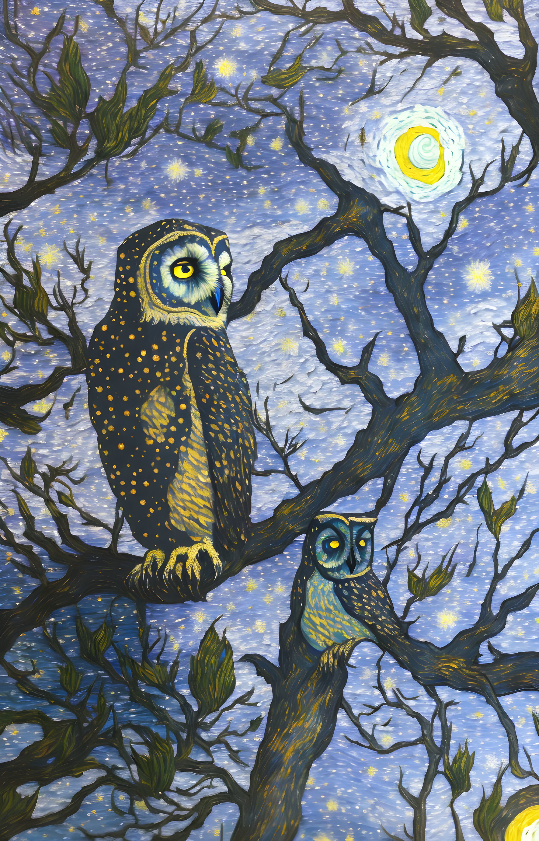 Illustration of two owls on branches under a Van Gogh-inspired night sky