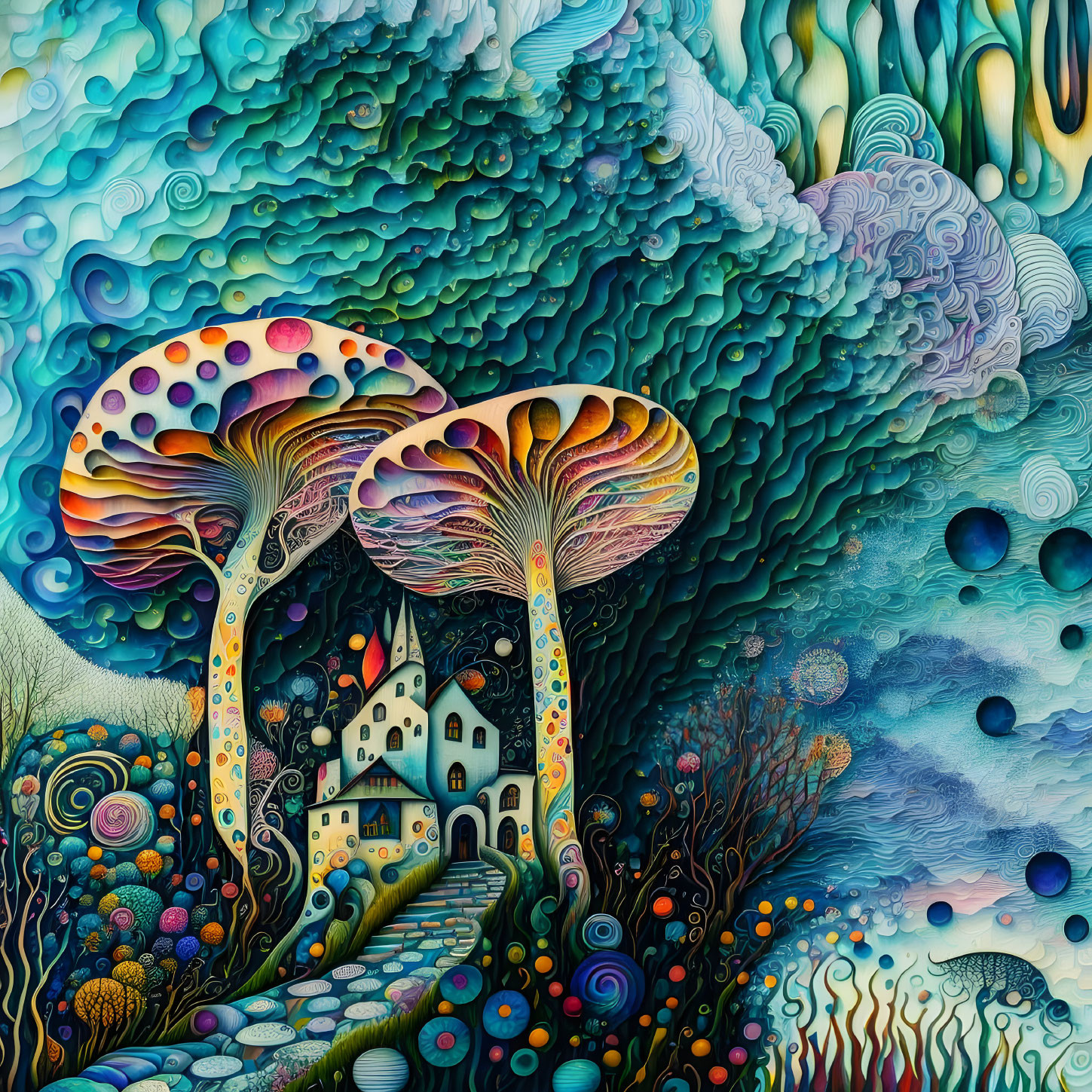 Colorful Surreal Artwork: Mushroom Structures, Whimsical House & Underwater Scene