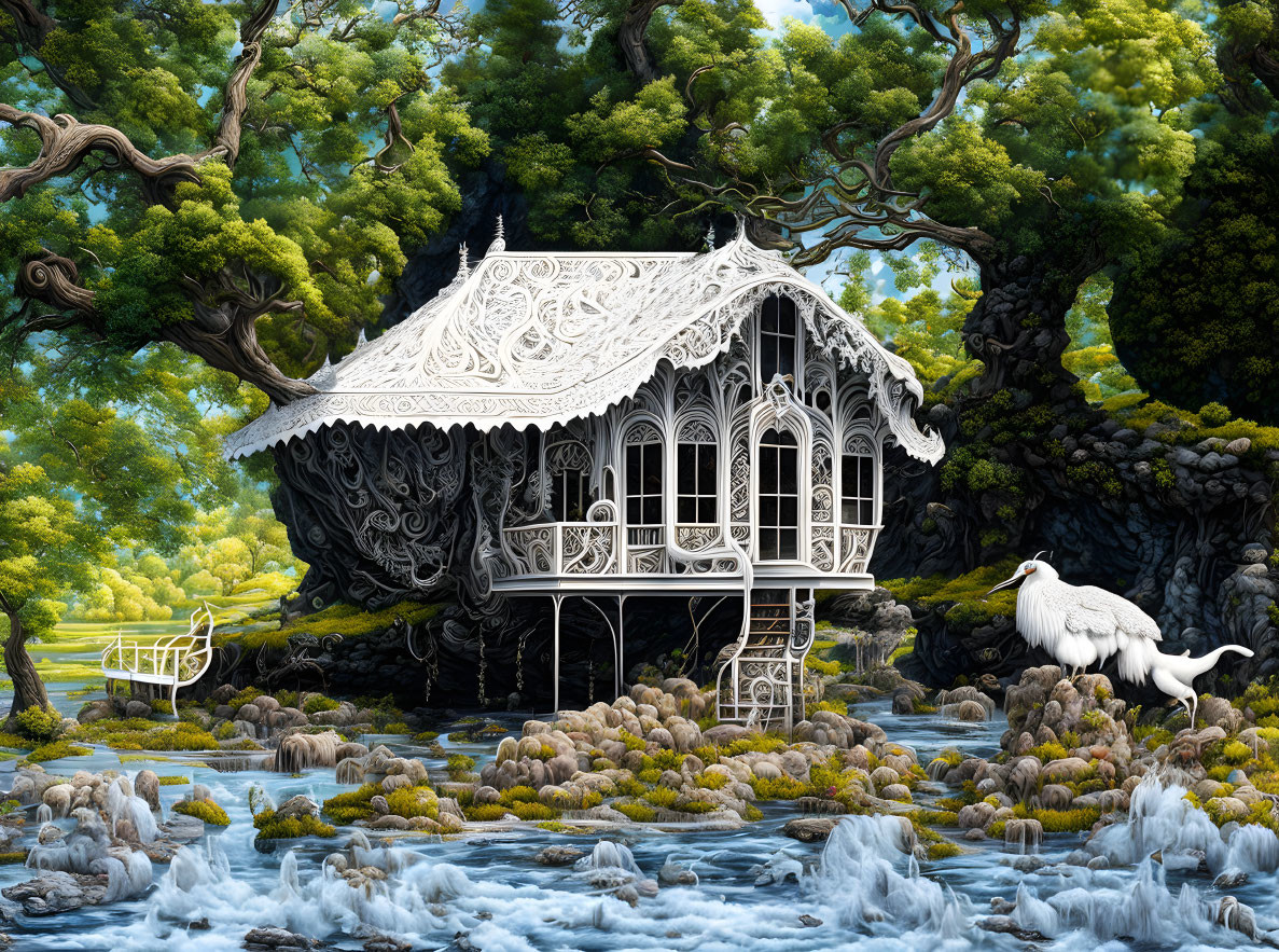 White Gazebo in Forest with Stream and White Wolf