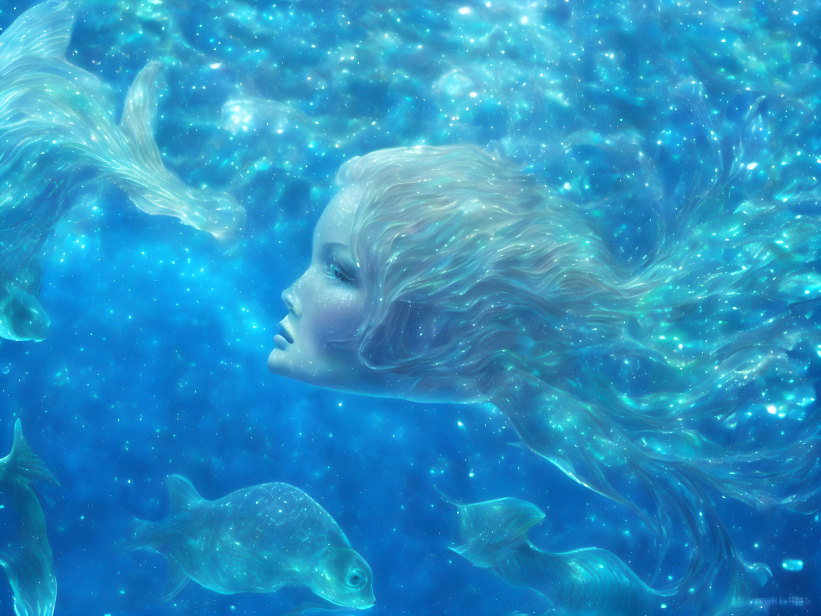 Woman's Face with Flowing Hair Submerged in Water and Swimming Fish