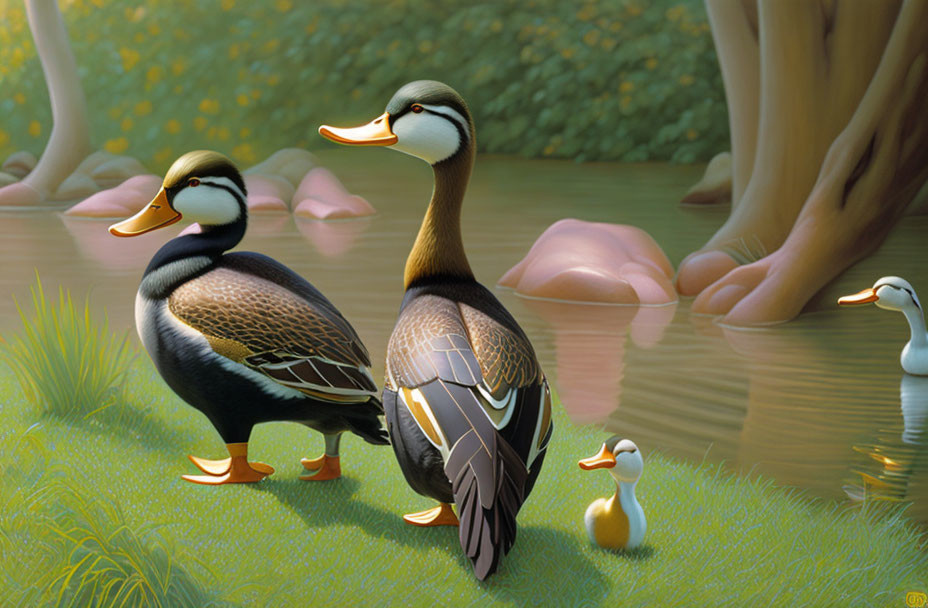 Illustrated ducks and duckling by serene pond with trees and heron