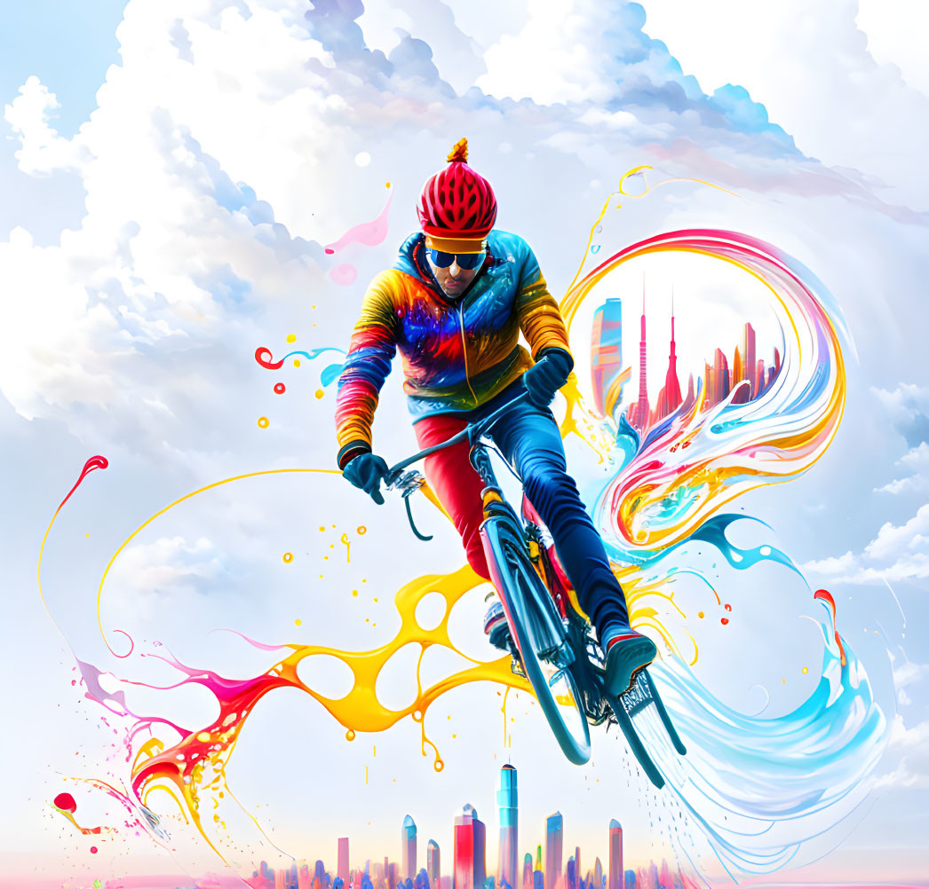 Colorful cyclist mid-air with paint splash on city skyline backdrop