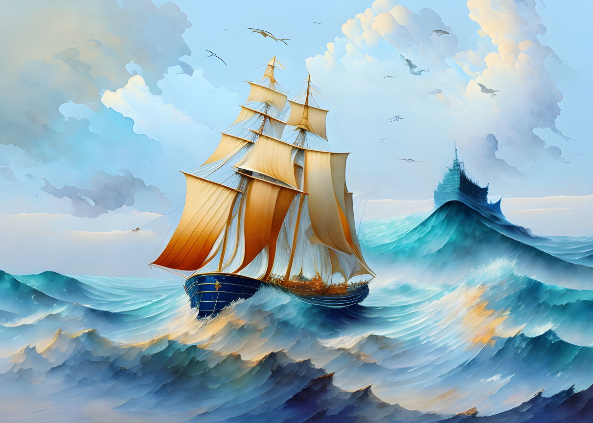 Tall ship with billowing sails on turbulent ocean waves