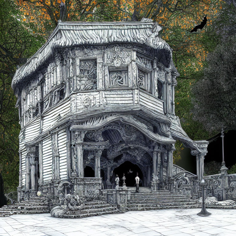 Intricate wooden building with autumn trees and black cat on branch