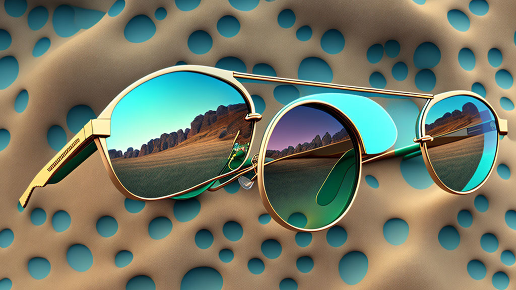 Aviator sunglasses with reflective lenses on sandy surface mirroring desert landscape