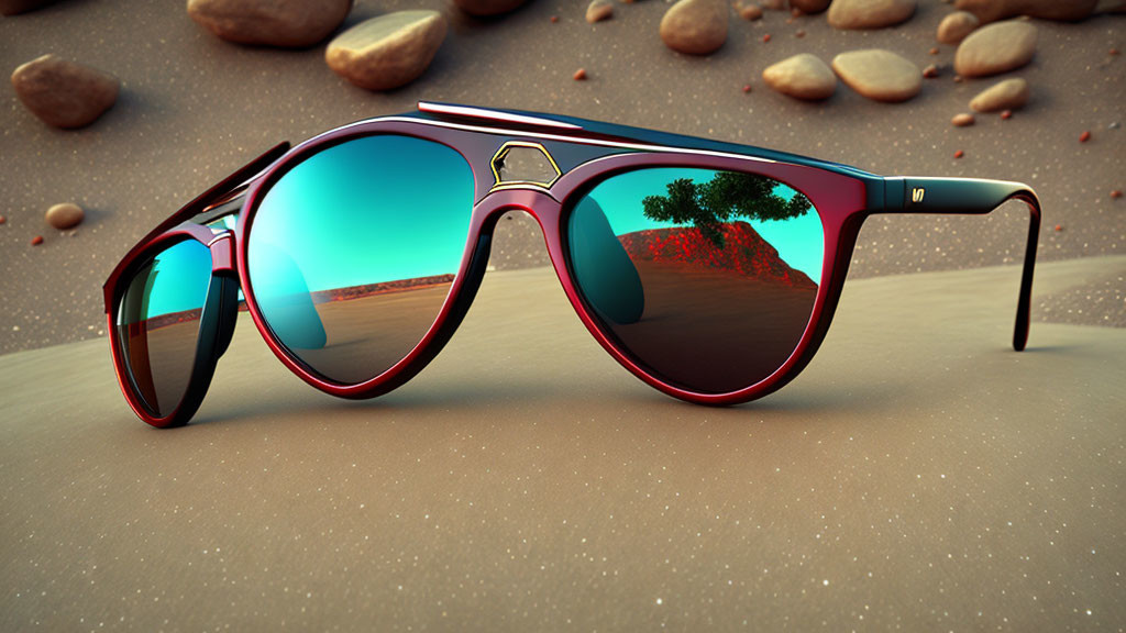 Stylish sunglasses with blue reflective lenses on sandy surface reflecting red landscape.