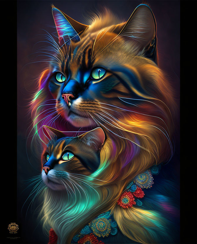 Majestic cats with luminous fur and blue eyes in surreal digital art