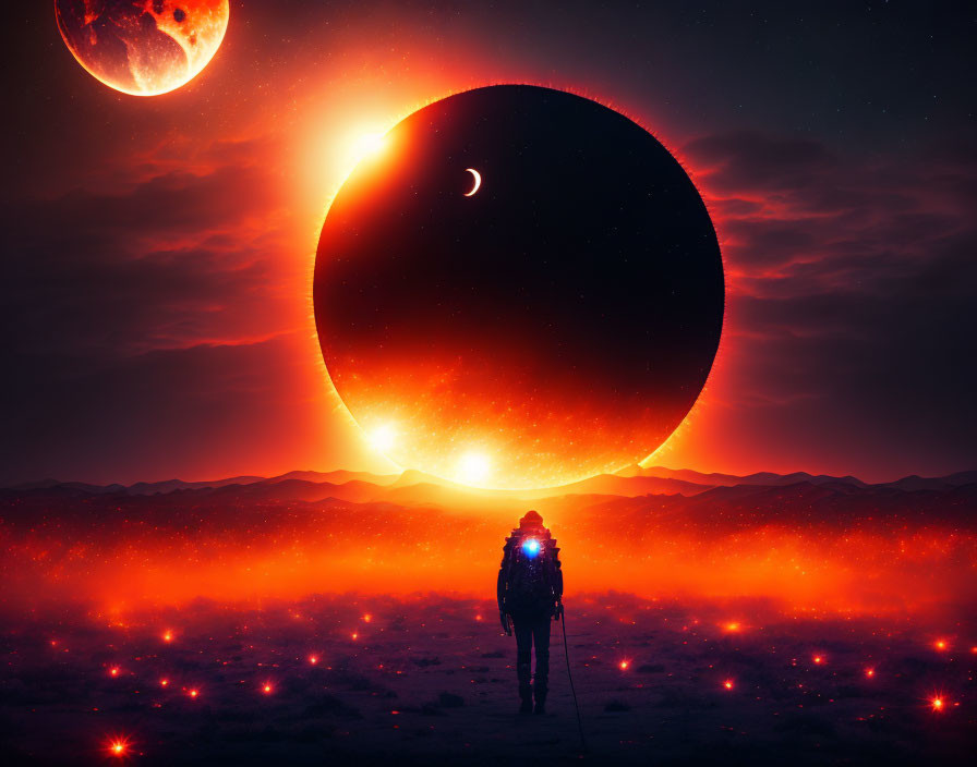 Surreal landscape with massive eclipse and red nebulae